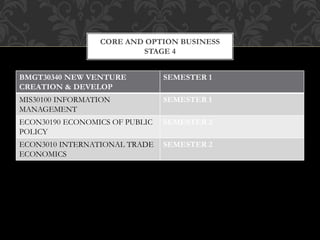 CORE AND OPTION BUSINESS
STAGE 4
BMGT30340 NEW VENTURE
CREATION & DEVELOP
SEMESTER 1
MIS30100 INFORMATION
MANAGEMENT
SEMESTER 1
ECON30190 ECONOMICS OF PUBLIC
POLICY
SEMESTER 2
ECON3010 INTERNATIONAL TRADE
ECONOMICS
SEMESTER 2
 