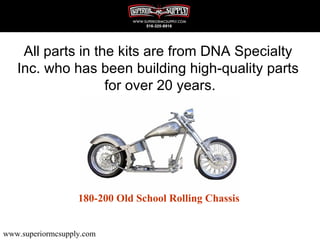 All parts in the kits are from DNA Specialty
   Inc. who has been building high-quality parts
                   for over 20 years.




                   180-200 Old School Rolling Chassis


www.superiormcsupply.com
 