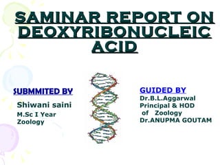 SAMINAR REPORT ON DEOXYRIBONUCLEIC ACID ,[object Object],Shiwani saini M.Sc I Year Zoology   GUIDED BY   Dr.B.L.Aggarwal   Principal & HOD  of  Zoology   Dr.ANUPMA GOUTAM   