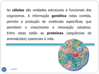 As células são unidades estruturais e funcionais dos
    organismos. A informação genética nelas contida,
    permite a produção de moléculas específicas, que
    permitem    o   crescimento   e   renovação   celulares.
    Entre estas estão as proteínas (sequências de
    aminoácidos) essenciais à vida.




2     IL 2011
 