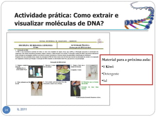 Actividade prática: Como extrair e
     visualizar moléculas de DNA?




                                 Material para a próxima aula:
                                 •1 Kiwi
                                 •Detergente
                                 •Sal




24   IL 2011
 