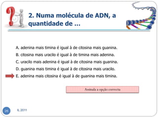 2. Numa molécula de ADN, a
               quantidade de …


     A. adenina mais timina é igual à de citosina mais guanina.
     B. citosina mais uracilo é igual à de timina mais adenina.
     C. uracilo mais adenina é igual à de citosina mais guanina.
     D. guanina mais timina é igual à de citosina mais uracilo.
     E. adenina mais citosina é igual à de guanina mais timina.


                                             Assinala a opção correcta




26   IL 2011
 