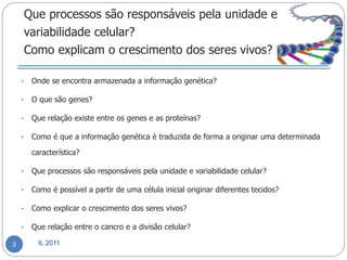 Que processos são responsáveis pela unidade e
        variabilidade celular?
        Como explicam o crescimento dos seres vivos?

    •    Onde se encontra armazenada a informação genética?

    •    O que são genes?

    •    Que relação existe entre os genes e as proteínas?

    •    Como é que a informação genética è traduzida de forma a originar uma determinada

         característica?

    •    Que processos são responsáveis pela unidade e variabilidade celular?

    •    Como é possível a partir de uma célula inicial originar diferentes tecidos?

    •    Como explicar o crescimento dos seres vivos?

    •    Que relação entre o cancro e a divisão celular?

3          IL 2011
 