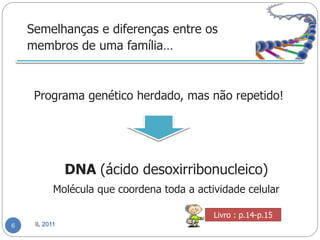 Semelhanças e diferenças entre os
    membros de uma família…



     Programa genético herdado, mas não repetido!




               DNA (ácido desoxirribonucleico)
           Molécula que coordena toda a actividade celular

                                            Livro : p.14-p.15
6    IL 2011
 