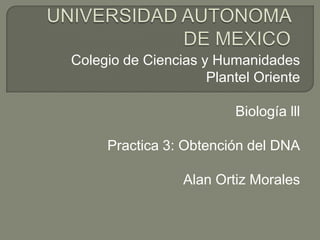Colegio de Ciencias y Humanidades
                     Plantel Oriente

                         Biología lll

     Practica 3: Obtención del DNA

                 Alan Ortiz Morales
 