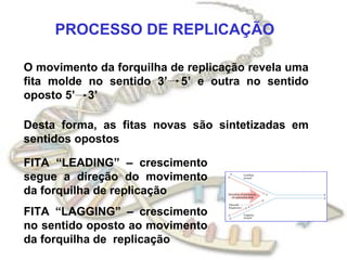 PROCESSO DE REPLICAÇÃO

O movimento da forquilha de replicação revela uma
fita molde no sentido 3’ 5’ e outra no sentido
oposto 5’ 3’

Desta forma, as fitas novas são sintetizadas em
sentidos opostos

FITA “LEADING” – crescimento
segue a direção do movimento
da forquilha de replicação
FITA “LAGGING” – crescimento
no sentido oposto ao movimento
da forquilha de replicação
 