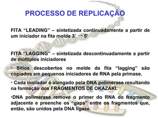 PROCESSO DE REPLICAÇÃO

FITA “LEADING” – sintetizada continuadamente a partir de
um iniciador na fita molde 3’ 5’


FITA “LAGGING” – sintetizada descontinuadamente a partir
de múltiplos iniciadores
• Sítios descobertos no molde da fita “lagging” são
copiados em pequenos iniciadores de RNA pela primase.
• Cada iniciador é alongado pela DNA polimerase resultando
na formação dos FRAGMENTOS DE OKAZAKI.
•DNA polimerase remove o primer do RNA do fragmento
adjacente e preenche os “gaps” entre os fragmentos que,
então, são unidos pela DNA ligase.
 