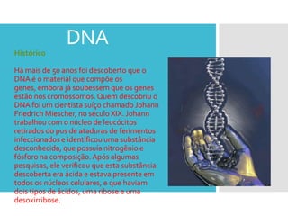 DNA
Histórico

Há mais de 50 anos foi descoberto que o
DNA é o material que compõe os
genes, embora já soubessem que os genes
estão nos cromossomos. Quem descobriu o
DNA foi um cientista suíço chamado Johann
Friedrich Miescher, no século XIX. Johann
trabalhou com o núcleo de leucócitos
retirados do pus de ataduras de ferimentos
infeccionados e identificou uma substância
desconhecida, que possuía nitrogênio e
fósforo na composição. Após algumas
pesquisas, ele verificou que esta substância
descoberta era ácida e estava presente em
todos os núcleos celulares, e que haviam
dois tipos de ácidos, uma ribose e uma
desoxirribose.
 
