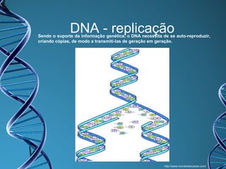 DNA - replicação

Sendo o suporte da informação genética, o DNA necessita de se auto-reproduzir,
criando cópias, de modo a transmiti-las de geração em geração.

http://www.mundoeducacao.com/

 