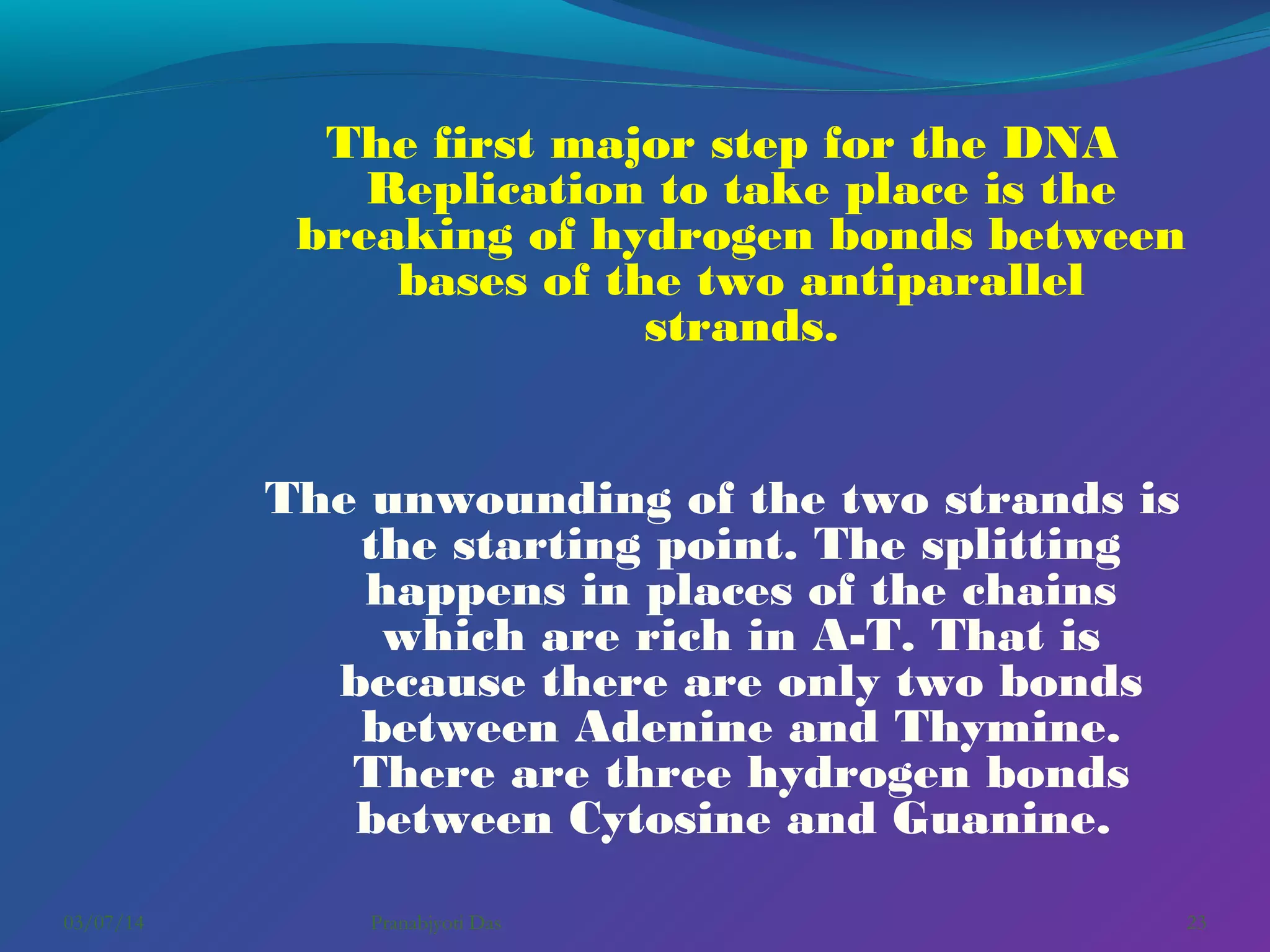 The first major step for the DNA
Replication to take place is the
breaking of hydrogen bonds between
bases of the two antiparallel
strands.
The unwounding of the two strands is
the starting point. The splitting
happens in places of the chains
which are rich in A-T. That is
because there are only two bonds
between Adenine and Thymine.
There are three hydrogen bonds
between Cytosine and Guanine. 
03/07/14

Pranabjyoti Das

23

 