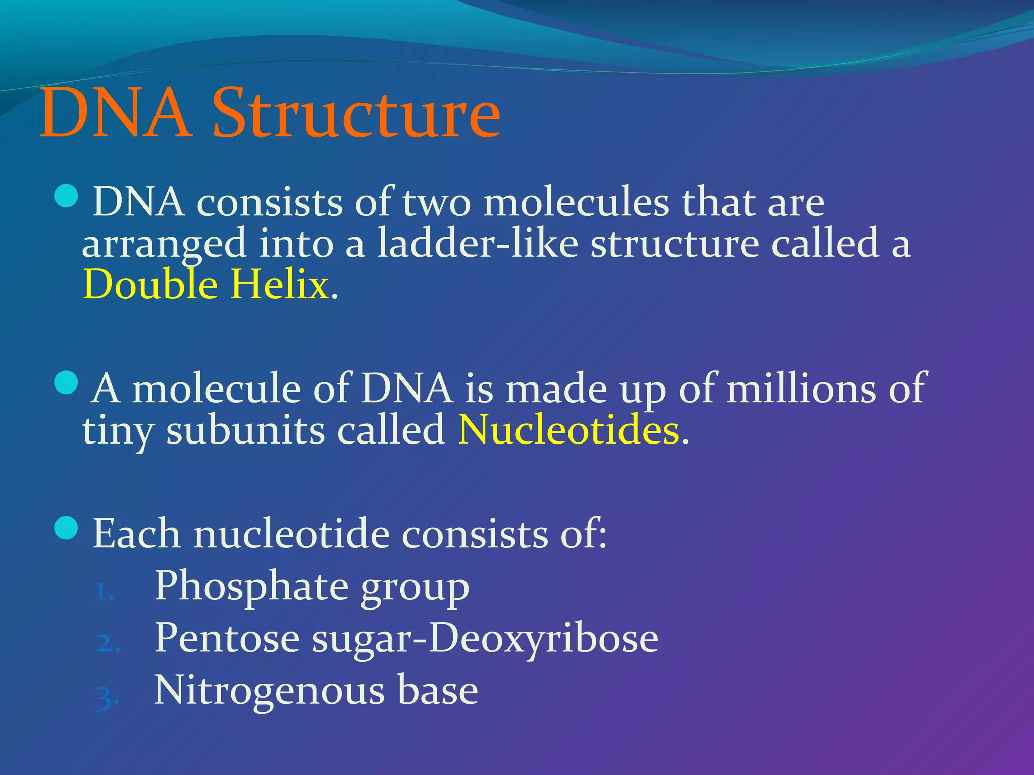 DNA Structure
DNA consists of two molecules that are

arranged into a ladder-like structure called a
Double Helix.

A molecule of DNA is made up of millions of

tiny subunits called Nucleotides.

Each nucleotide consists of:

1. Phosphate group
2. Pentose sugar-Deoxyribose
3. Nitrogenous base

 