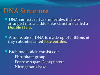 DNA Structure
DNA consists of two molecules that are

arranged into a ladder-like structure called a
Double Helix.

A molecule of DNA is made up of millions of

tiny subunits called Nucleotides.

Each nucleotide consists of:

1. Phosphate group
2. Pentose sugar-Deoxyribose
3. Nitrogenous base

 