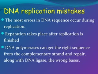 DNA replication mistakes
The most errors in DNA sequence occur during

replication.
Reparation takes place after replication is

finished
DNA polymerases can get the right sequence

from the complementary strand and repair,
along with DNA ligase, the wrong bases.

 