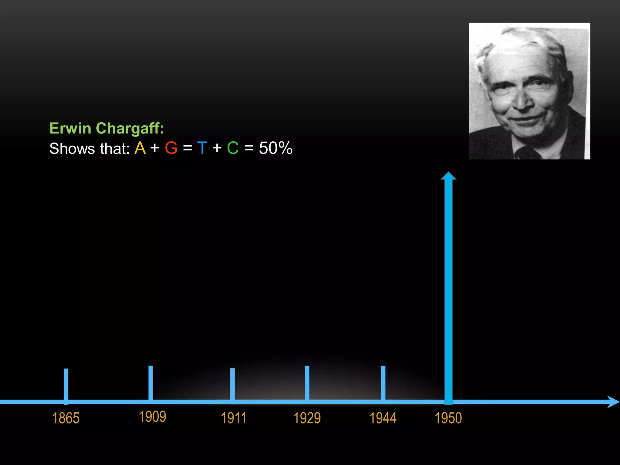 Erwin Chargaff: 
Shows that: A + G = T + C = 50% 
1865 1909 1911 1929 1944 1950 
 