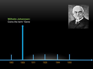 Wilhelm Johannsen: 
Coins the term “Gene 
1865 1909 1911 1929 1944 1950 
 