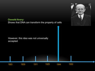 Oswald Avery: 
Shows that DNA can transform the property of cells 
However, this idea was not universally 
accepted 
1865 ...