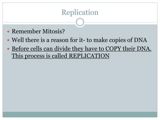 Replication
 Remember Mitosis?
 Well there is a reason for it- to make copies of DNA
 Before cells can divide they have to COPY their DNA.
This process is called REPLICATION
 