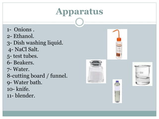Apparatus
1- Onions .
2- Ethanol.
3- Dish washing liquid.
4- NaCl Salt.
5- test tubes.
6- Beakers.
7- Water.
8-cutting board / funnel.
Water bath.9-
10- knife.
11- blender.
 