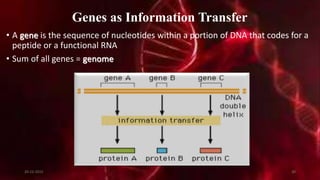 Genes as Information Transfer
• A gene is the sequence of nucleotides within a portion of DNA that codes for a
peptide or a functional RNA
• Sum of all genes = genome
20-12-2015 30
 