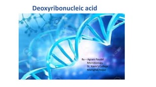 Deoxyribonucleic acid
By – Agrani Paudel
Microbiology,
St. Xavie’s College
Maitighar,Nepal
 