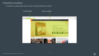 Channels & Locations
“A location is a place where users can see or interact with your content.”
Landing page

© 2011 Adobe Systems Incorporated. All Rights Reserved. Adobe Confidential.

Box on a page

25

 