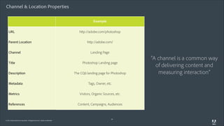 Channel & Location Properties
Example
URL
Parent Location
Channel
Title
Description
Metadata
Metrics
References

© 2011 Adobe Systems Incorporated. All Rights Reserved. Adobe Confidential.

http://adobe.com/photoshop
http://adobe.com/
Landing Page
Photoshop Landing page
The CQ6 landing page for Photoshop
Tags, Owner, etc.
Visitors, Organic Sources, etc.
Content, Campaigns, Audiences

26

“A channel is a common way
of delivering content and
measuring interaction”

 