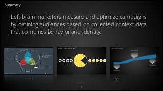 Summary

Left-brain marketers measure and optimize campaigns
by defining audiences based on collected context data
that combines behavior and identity.
Audiences
“Just a group of people”

Context is Identity and Behavior

Model translation

Marketer-defined rules,
channel specific
interpretation

Algorithm-determined
rules, channel specific
interpretation
Look-alike modeling

Audience sharing

Explicit (list-based) definition, channel
specific interpretation

© 2011 Adobe Systems Incorporated. All Rights Reserved. Adobe Confidential.

37

© 2012 Adobe Systems Incorporated. All Rights Reserved.

© 2012 Adobe Systems Incorporated. All Rights Reserved.

40

50

 