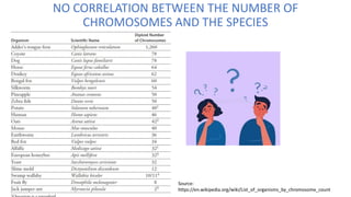 NO CORRELATION BETWEEN THE NUMBER OF
CHROMOSOMES AND THE SPECIES
Source:
https://en.wikipedia.org/wiki/List_of_organisms_by_chromosome_count
 