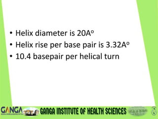 • Helix diameter is 20Ao
• Helix rise per base pair is 3.32Ao
• 10.4 basepair per helical turn
 