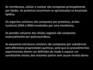 As membranas, celular e nuclear são compostas principalmente
por lípidos. As proteínas encontram-se aprisionadas na bicamada
lipídica.
Os organitos celulares são compostos por proteínas, ácidos
nucleicos (DNA e RNA) envolvidos por uma membrana.
As paredes celulares das células vegetais são compostas
essencialmente por polissacarídeos.
As pequenas estruturas celulares são compostas por substâncias
com diferentes propriedades químicas, pelo que os procedimentos
experimentais devem ser definidos de modo a separar um
constituinte celular, das restantes partes sem causar muitos danos
 