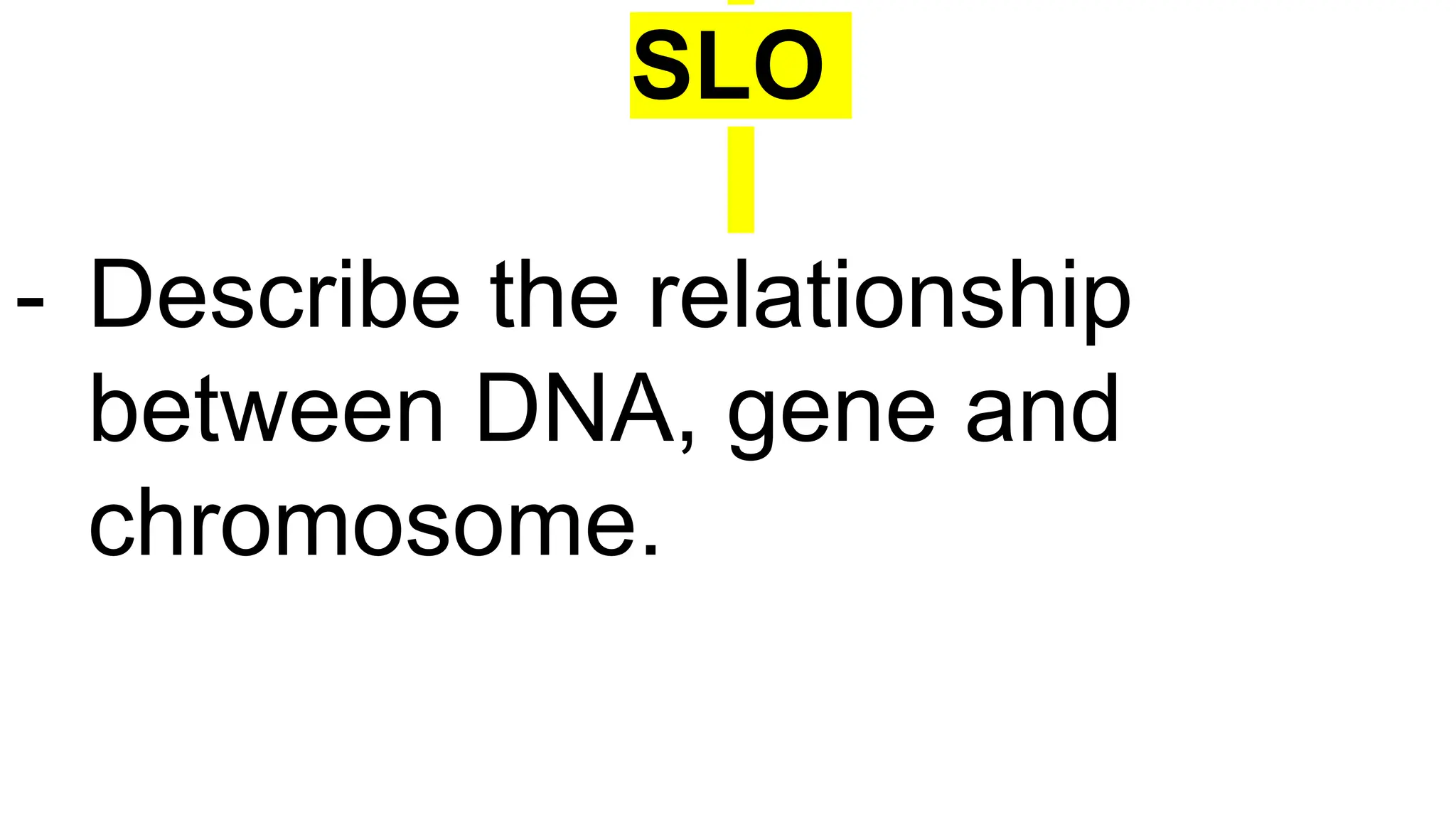SLO
- Describe the relationship
between DNA, gene and
chromosome.
 