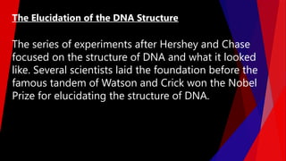 The series of experiments after Hershey and Chase
focused on the structure of DNA and what it looked
like. Several scientists laid the foundation before the
famous tandem of Watson and Crick won the Nobel
Prize for elucidating the structure of DNA.
The Elucidation of the DNA Structure
 