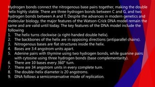 Hydrogen bonds connect the nitrogenous base pairs together, making the double
helix highly stable. There are three hydrogen bonds between C and G, and two
hydrogen bonds between A and T. Despite the advances in modern genetics and
molecular biology, the major features of the Watson-Crick DNA model remain the
same and are valid until today. The key features of the DNA model include the
following
1. The helix turns clockwise (a right-handed double helix).
2. The backbones of the helix are in opposing directions (antiparallel chains).
3. Nitrogenous bases are flat structures inside the helix.
4. Bases are 3.4 angstrom units apart.
5. Adenine pairs with thymine using two hydrogen bonds, while guanine pairs
with cytosine using three hydrogen bonds (base complementarity).
6. There are 10 bases every 360° turn.
7. There are 34 angstrom units in every complete turn.
8. The double-helix diameter is 20 angstroms.
9. DNA follows a semiconservative mode of replication.
 