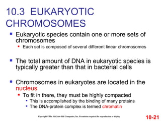  Eukaryotic species contain one or more sets of
chromosomes
 Each set is composed of several different linear chromosomes
 The total amount of DNA in eukaryotic species is
typically greater than that in bacterial cells
 Chromosomes in eukaryotes are located in the
nucleus
 To fit in there, they must be highly compacted

This is accomplished by the binding of many proteins

The DNA-protein complex is termed chromatin
Copyright ©The McGraw-Hill Companies, Inc. Permission required for reproduction or display
10.3 EUKARYOTIC
CHROMOSOMES
10-21
 