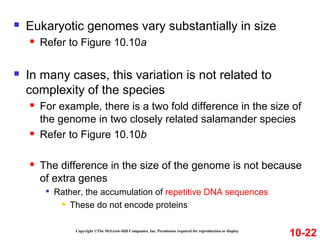  Eukaryotic genomes vary substantially in size
 Refer to Figure 10.10a
 In many cases, this variation is not related to
complexity of the species
 For example, there is a two fold difference in the size of
the genome in two closely related salamander species
 Refer to Figure 10.10b
 The difference in the size of the genome is not because
of extra genes

Rather, the accumulation of repetitive DNA sequences
 These do not encode proteins
Copyright ©The McGraw-Hill Companies, Inc. Permission required for reproduction or display
10-22
 