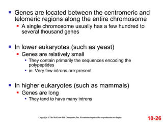  Genes are located between the centromeric and
telomeric regions along the entire chromosome
 A single chromosome usually has a few hundred to
several thousand genes
 In lower eukaryotes (such as yeast)
 Genes are relatively small
 They contain primarily the sequences encoding the
polypeptides
 ie: Very few introns are present
 In higher eukaryotes (such as mammals)
 Genes are long
 They tend to have many introns
Copyright ©The McGraw-Hill Companies, Inc. Permission required for reproduction or display
10-26
 