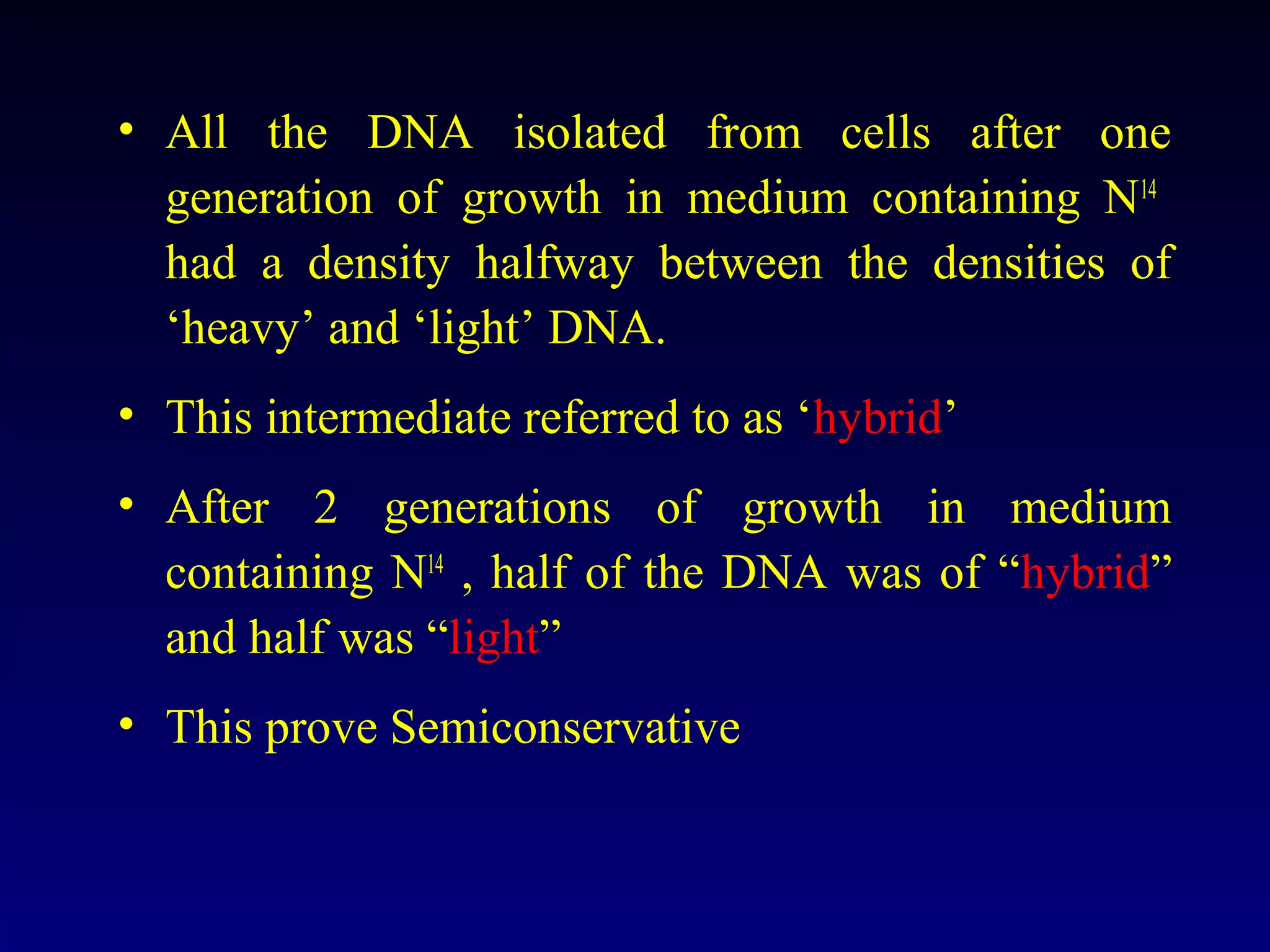 • All the DNA isolated from cells after one
  generation of growth in medium containing N14
  had a density halfway between the densities of
  ‘heavy’ and ‘light’ DNA.
• This intermediate referred to as ‘hybrid’
• After 2 generations of growth in medium
  containing N14 , half of the DNA was of “hybrid”
  and half was “light”
• This prove Semiconservative
 