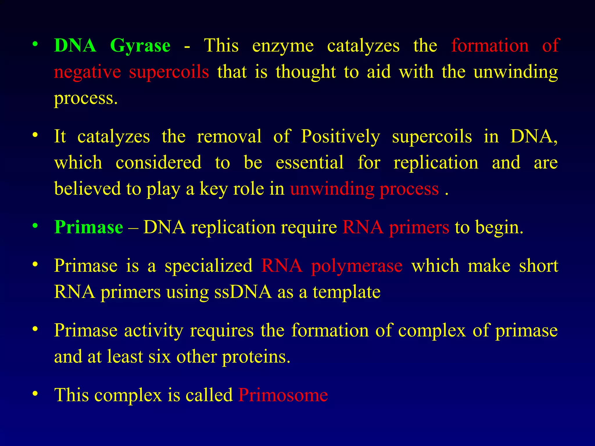 • DNA Gyrase - This enzyme catalyzes the formation of
  negative supercoils that is thought to aid with the unwinding
  process.
• It catalyzes the removal of Positively supercoils in DNA,
  which considered to be essential for replication and are
  believed to play a key role in unwinding process .
• Primase – DNA replication require RNA primers to begin.
• Primase is a specialized RNA polymerase which make short
  RNA primers using ssDNA as a template
• Primase activity requires the formation of complex of primase
  and at least six other proteins.
• This complex is called Primosome
 