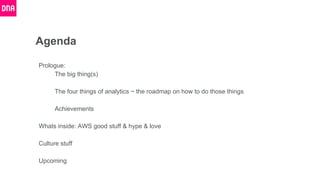 Agenda
Prologue:
The big thing(s)
The four things of analytics ~ the roadmap on how to do those things
Achievements
Whats inside: AWS good stuff & hype & love
Culture stuff
Upcoming
 