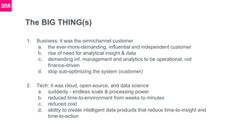 The BIG THING(s)
1. Business: it was the omnichannel customer
a. the ever-more-demanding, influential and independent customer
b. rise of need for analytical insight & data
c. demanding inf. management and analytics to be operational, not
finance-driven
d. stop sub-optimizing the system (customer)
2. Tech: it was cloud, open-source, and data science
a. suddenly - endless scale & processing power
b. reduced time-to-environment from weeks to minutes
c. reduced cost
d. ability to create intelligent data products that reduce time-to-insight and
time-to-action
 
