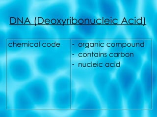 DNA (Deoxyribonucleic Acid) chemical code organic compound contains carbon nucleic acid 