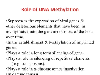 Role of DNA Methylation
•Suppresses the expression of viral genes &
other deleterious elements that have been in
incorporated into the genome of most of the host
over time.
•In the establishment & Methylation of imprinted
genes.
•Plays a role in long term silencing of gene .
•Plays a role in silencing of repetitive elements
( e.g. transposons).
•Plays a role in x-chromosomes inactivation.
 