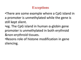 Exceptions
•There are some example where a CpG island in
a promoter is unmethylated while the gene is
still kept slient.
•eg. The CpG island in human α-globin gene
promoter is unmethylated in both erythroid
&non-erythroid tissues.
•Resons role of histone modification in gene
sliencing.
 