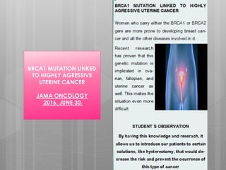 BRCA1 MUTATION LINKED
TO HIGHLY AGRESSIVE
UTERINE CANCER
JAMA ONCOLOGY
2016, JUNE 30.
 