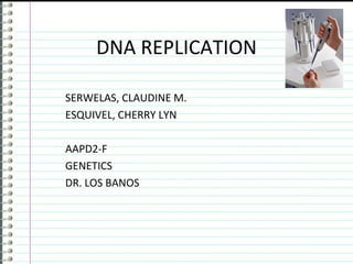 DNA REPLICATION

SERWELAS, CLAUDINE M.
ESQUIVEL, CHERRY LYN

AAPD2-F
GENETICS
DR. LOS BANOS
 