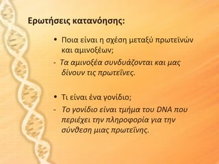 Ερωτήσεις κατανόησης:
     • Ποια είναι η σχέση μεταξύ πρωτεϊνών
       και αμινοξέων;
     - Τα αμινοξέα συνδυάζονται και μας
       δίνουν τις πρωτεΐνες.

     • Τι είναι ένα γονίδιο;
     - Το γονίδιο είναι τμήμα του DNA που
       περιέχει την πληροφορία για την
       σύνθεση μιας πρωτεΐνης.
 