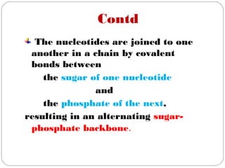 Contd
The nucleotides are joined to one
another in a chain by covalent
bonds between
the sugar of one nucleotide
and
the phosphate of the next,
resulting in an alternating sugar-
phosphate backbone. 
 