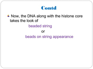Contd
Now, the DNA along with the histone core
takes the look of
beaded string
or
beads on string appearance
 