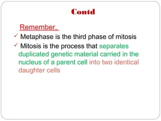 Contd
Remember,
 Metaphase is the third phase of mitosis
 Mitosis is the process that separates
duplicated genetic material carried in the
nucleus of a parent cell into two identical
daughter cells
 