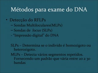 Métodos para exame do DNA
• Detecção do RFLPs
– Sondas Multiloculares(MLPs)
– Sondas de locus (SLPs)
- “Impressão digital” do DNA
SLPs – Determina se o individo é homozigoto ou
heterozigoto.
MLPs – Detecta vários segmentos repetidos.
Fornecendo um padrão que vária entre 20 a 30
bandas
 